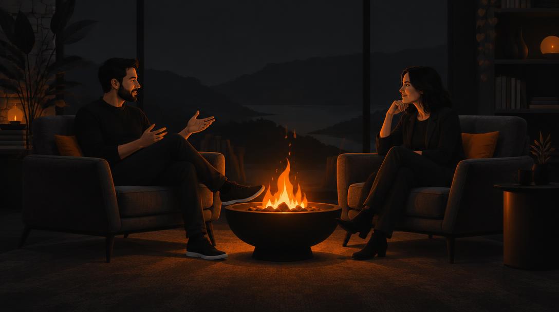 Two people talking by a fire
