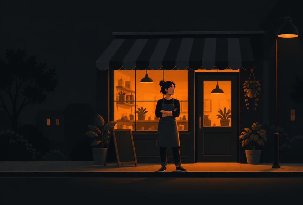 Small business owner in front of a cozy storefront